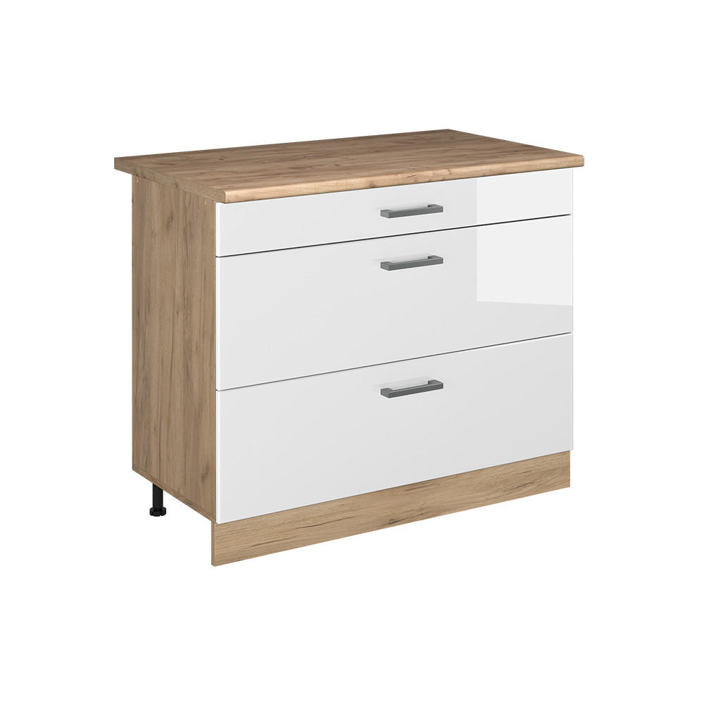 KÜCHENUNTERSCHRANK R-Line, Weiß Hochglanz/Goldkraft Eiche, 100 cm Arbeitsplatte Goldkraft Eiche - Eichefarben/Weiß Hochglanz, Holzwerkstoff (100/81.6/60cm) - Vicco