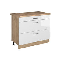 KÜCHENUNTERSCHRANK R-Line, Weiß Hochglanz/Goldkraft Eiche, 100 cm Arbeitsplatte Goldkraft Eiche - Eichefarben/Weiß Hochglanz, Holzwerkstoff (100/81.6/60cm) - Vicco