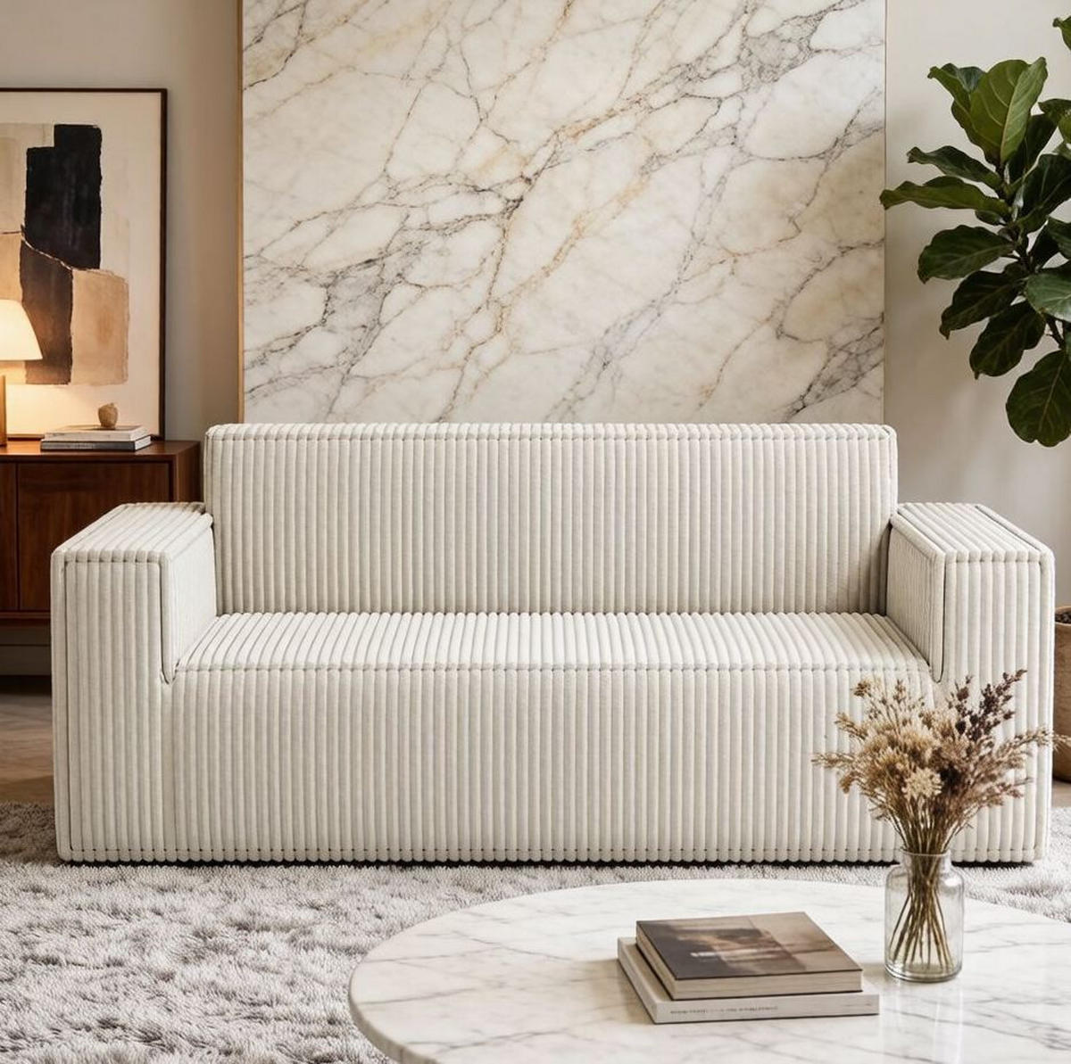 SOFA 2-Sitzer mit tiefer Sitzfläche Off White Cord - Weiß, Kunststoff (178/70/86cm) - Meubliv