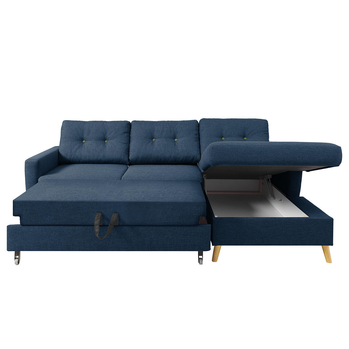 ECKSOFA mit Longchair - Hellbraun/Blau, Holz/Textil (233/148cm) - home24