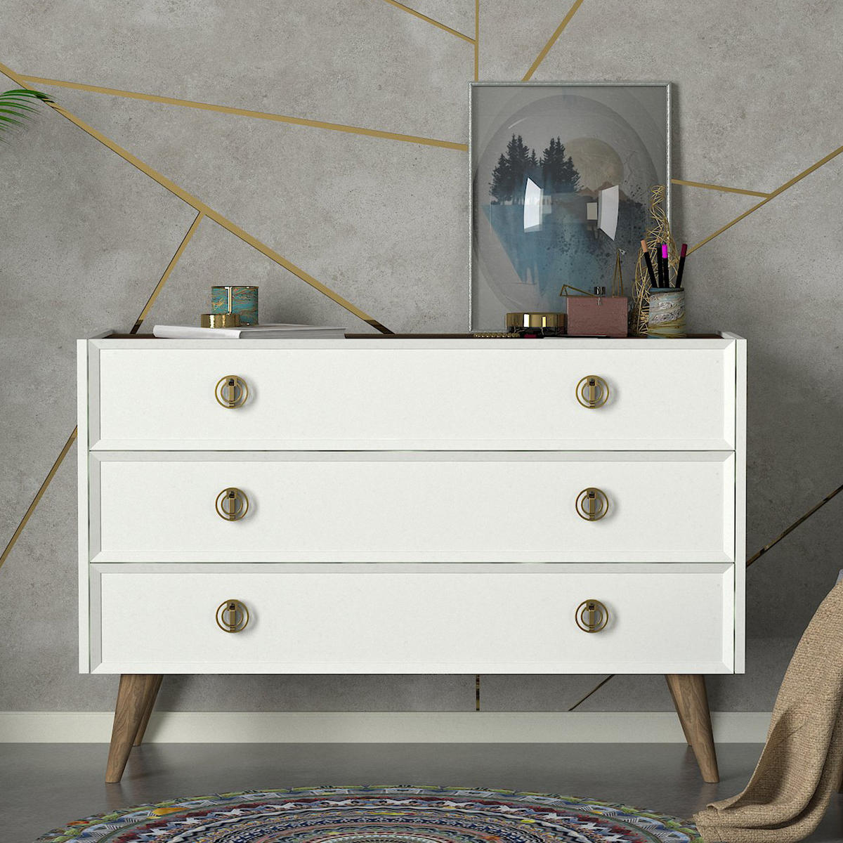 KOMMODE Nadya Weiß Walnuss - Goldfarben/Walnussfarben, Holzwerkstoff/Kunststoff (120.4/80.3/36cm) - moebel17