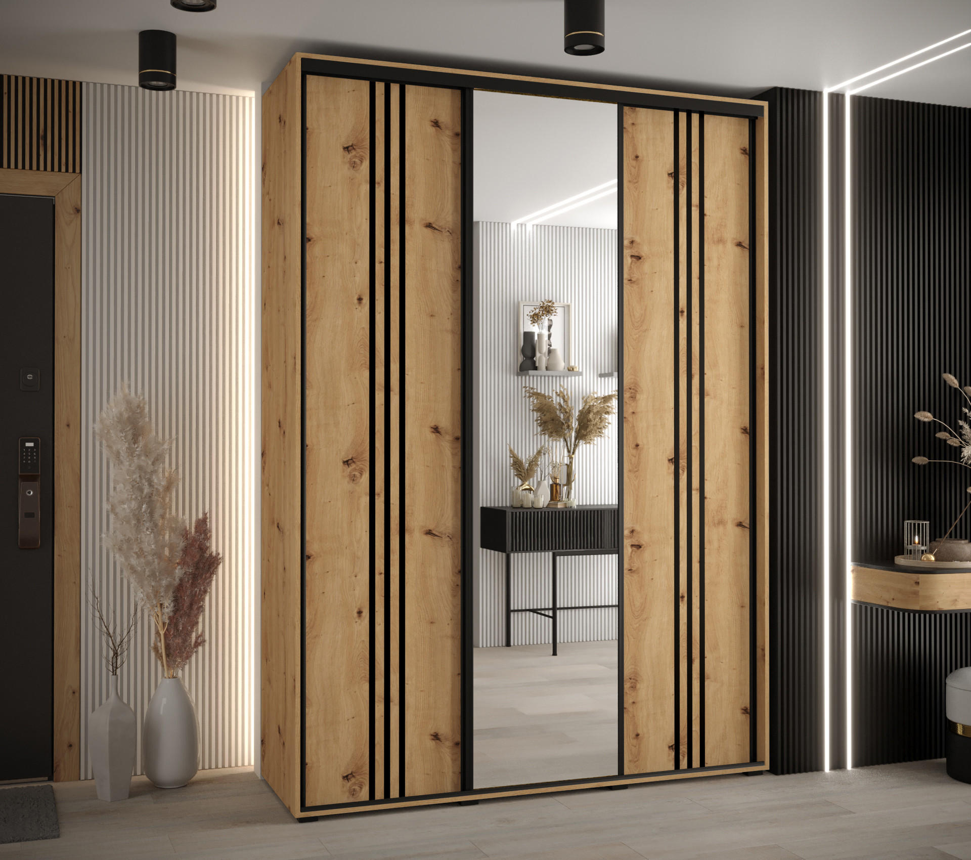 SCHWEBETÜRENSCHRANK 235,2/170/45 3-türig - Schwarz/Eiche Artisan, Holz/Metall (170/235/45cm) - Abiks Möbel