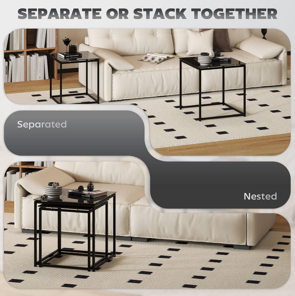 BEISTELLTISCH 42/42/42 cm und 50/52/50 cm Schwarz aus Stahl mit Glasplatte 2er Set - Schwarz, Metall (50/50/52cm) - OKMYHOME
