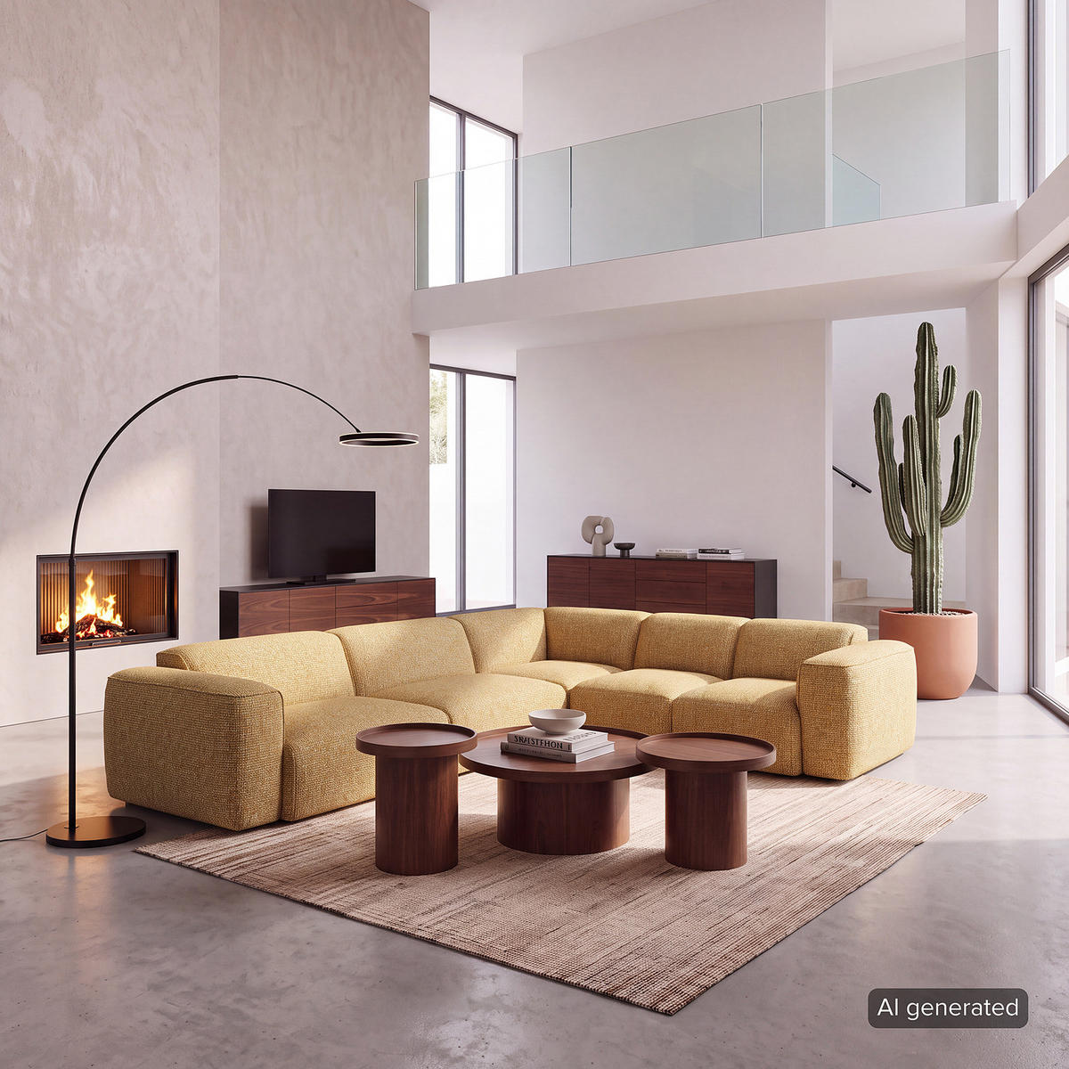 ECKSOFA mit Rundecke - Schwarz/Honig, Kunststoff/Textil (325/260cm) - home24
