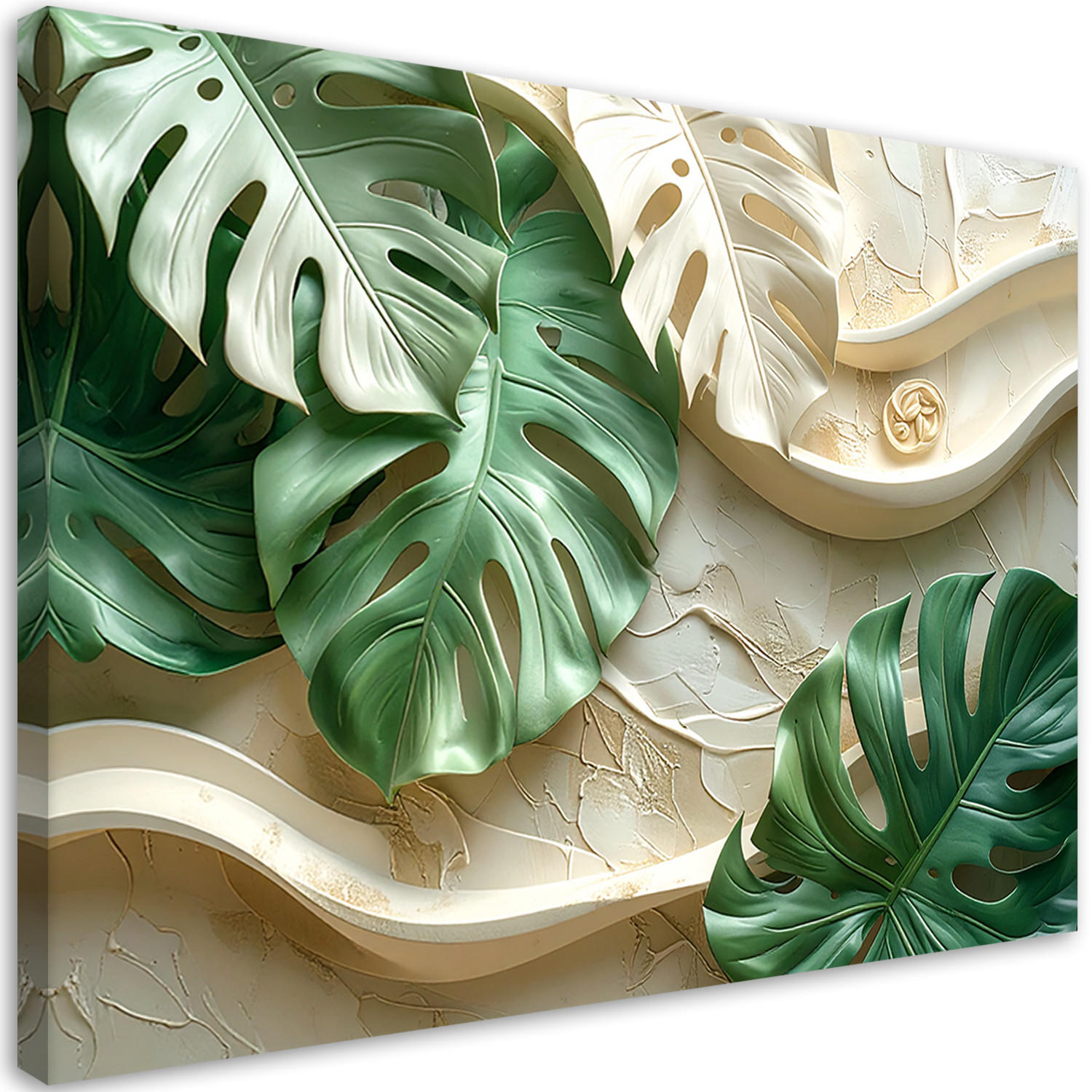 BILD auf Leinwand, Grüne Blätter vor welligem Hintergrund - Grün, Textil (45/30cm) - Feeby