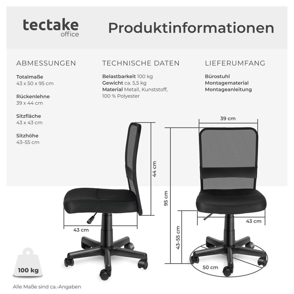 BÜROSTUHL Patrick, stufenlos höhenverstellbar, schwarz - Schwarz, Textil (50/95/43cm) - tectake