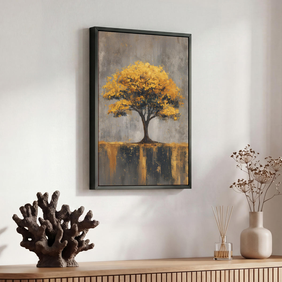 LEINWAND Bilder mit Rahmen - Baum - Blätter - Gold - Abstrakt - 30x40 - Grau, Textil (30/40cm) - MuchoWow