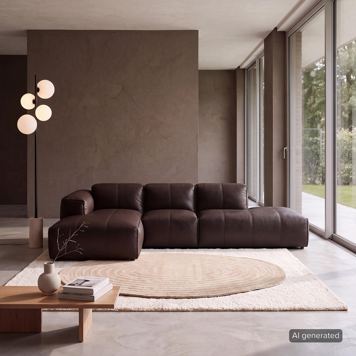 ECKSOFA mit Chaiselongue - Dunkelbraun/Schwarz, Leder/Kunststoff (290/173cm) - home24