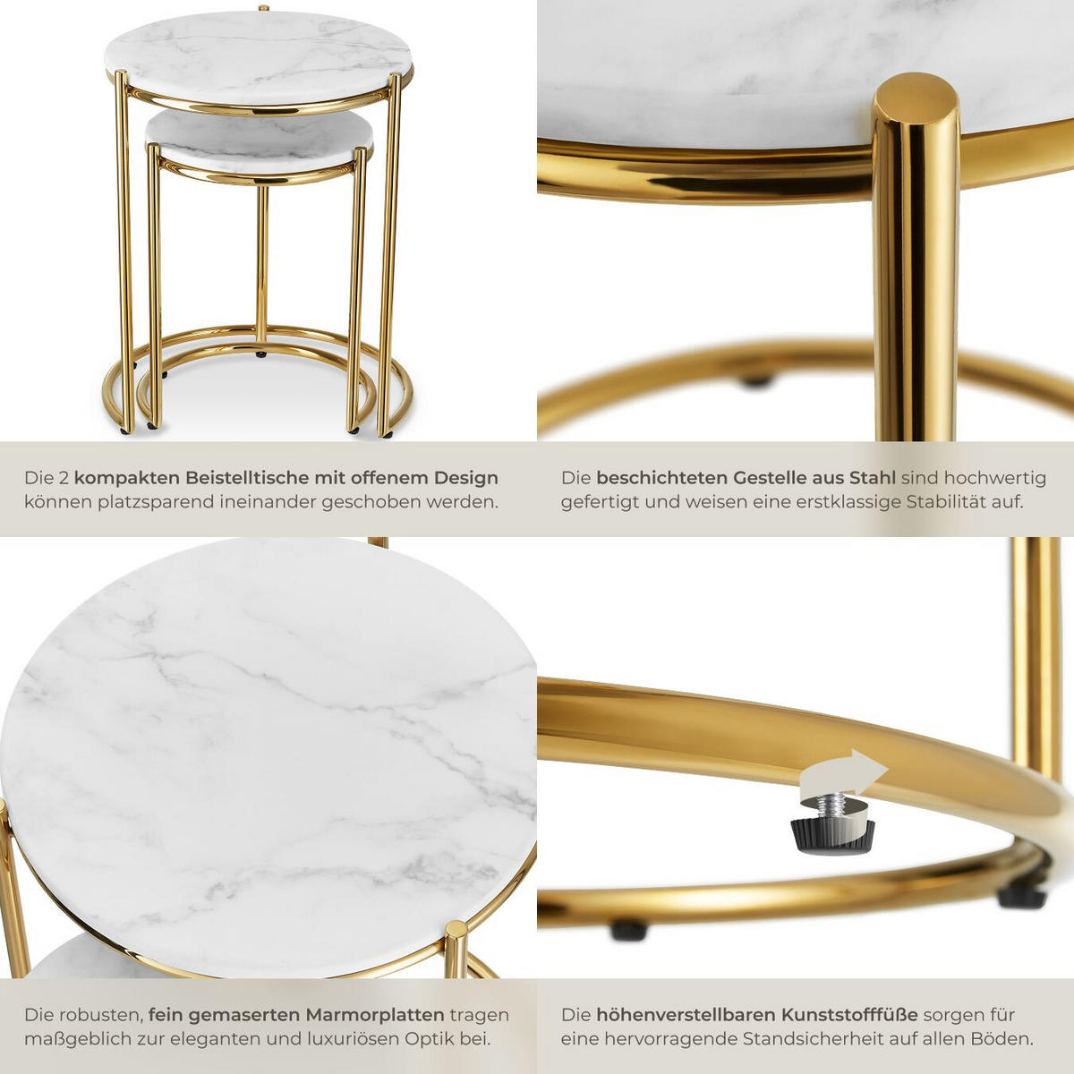 BEISTELLTISCH Ellsa,ineinander schiebbar,weiß/gold - Goldfarben/Weiß, Stein (43/43/50.5cm) - tectake