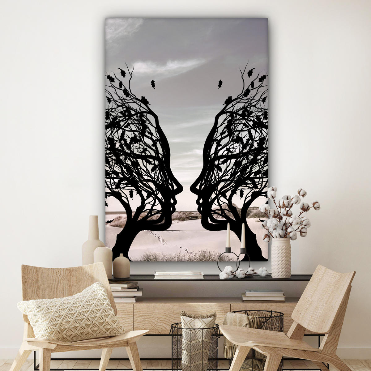 SLIKA NA PLATNU Plaža drevo 90x140 cm - svetlo siva, tekstil (90/140cm) - MuchoWow