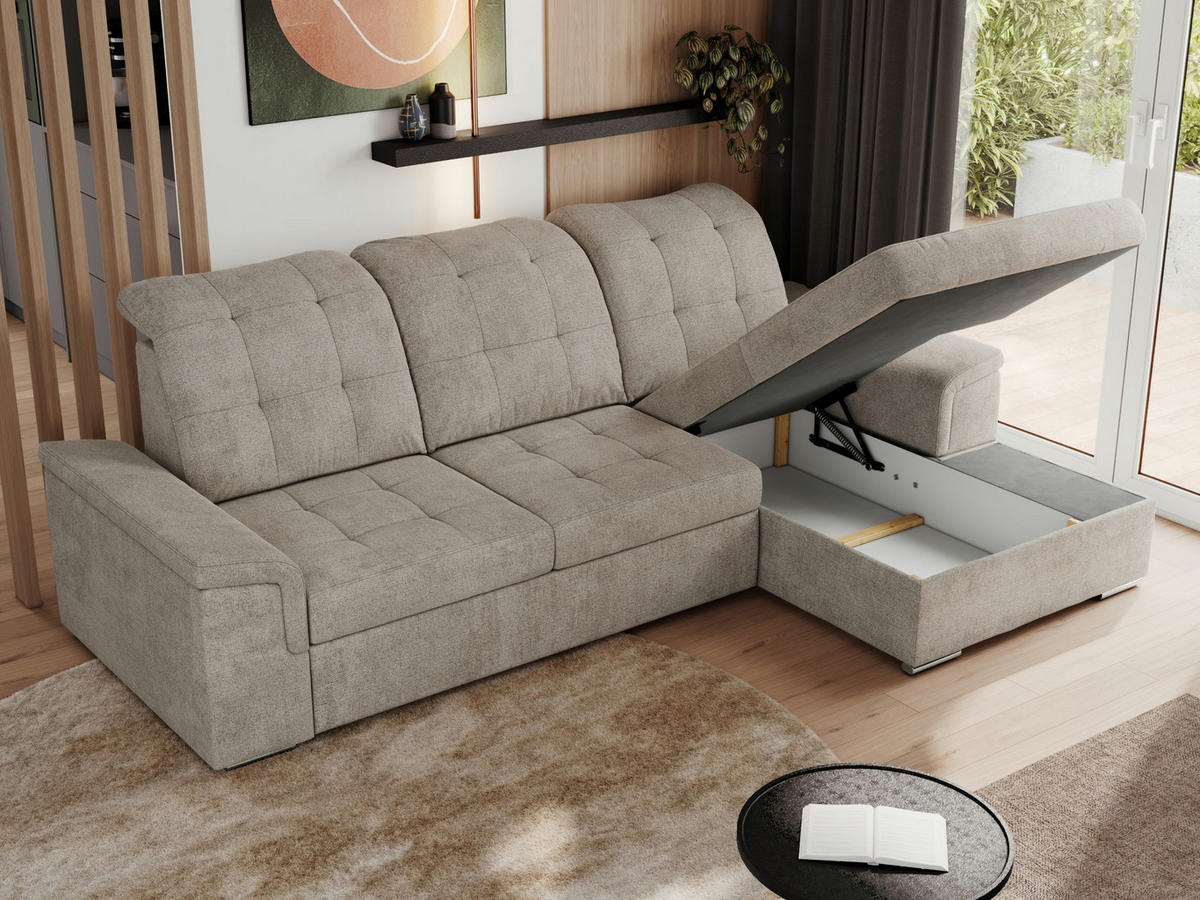 ECKSOFA MADRITO L - Beige Struktur - Rechts - Beige/Silberfarben, Textil/Metall (256/160cm)