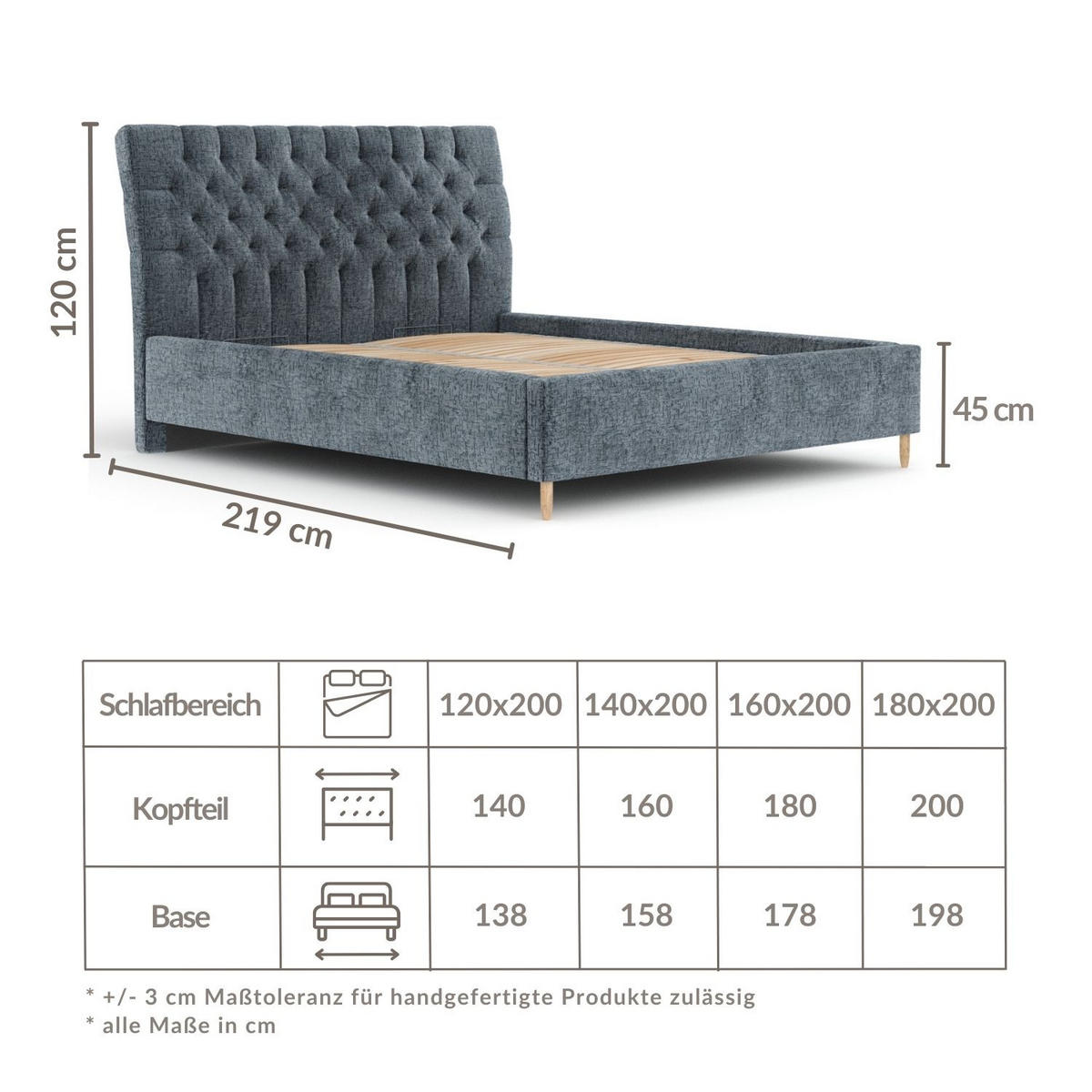 POLSTERBETT Vezzola Blau Grau 180/200 cm im Chenille-Stoff - Blaugrau/Naturfarben, Holz/Holzwerkstoff (180/200cm) - Maison de Reve