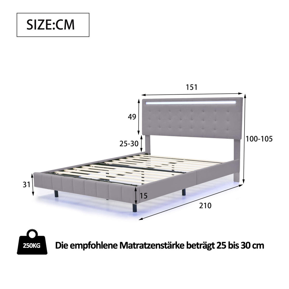 ČALÚNENÁ posteľ 140/200 cm s LED osvetlením a skrytými nohami, moderný vzhľad a priedušný poťah, Sivá - sivá, textil (140/200cm) - Redom