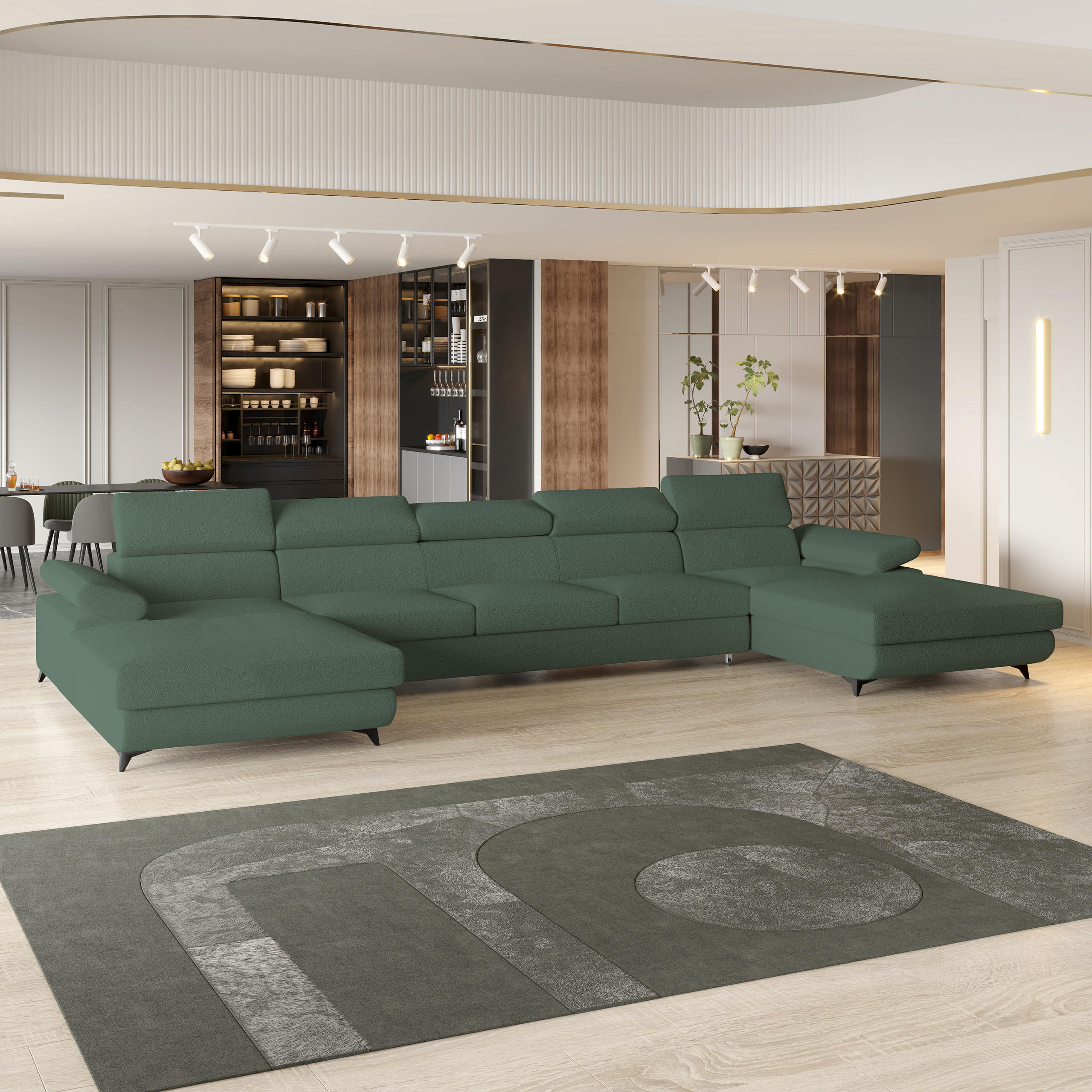 WOHNLANDSCHAFT VIVENTE Grün Boucle-Stoff mit Schlaffunktion - Grün, Holz (410/89/190cm) - MASSENO