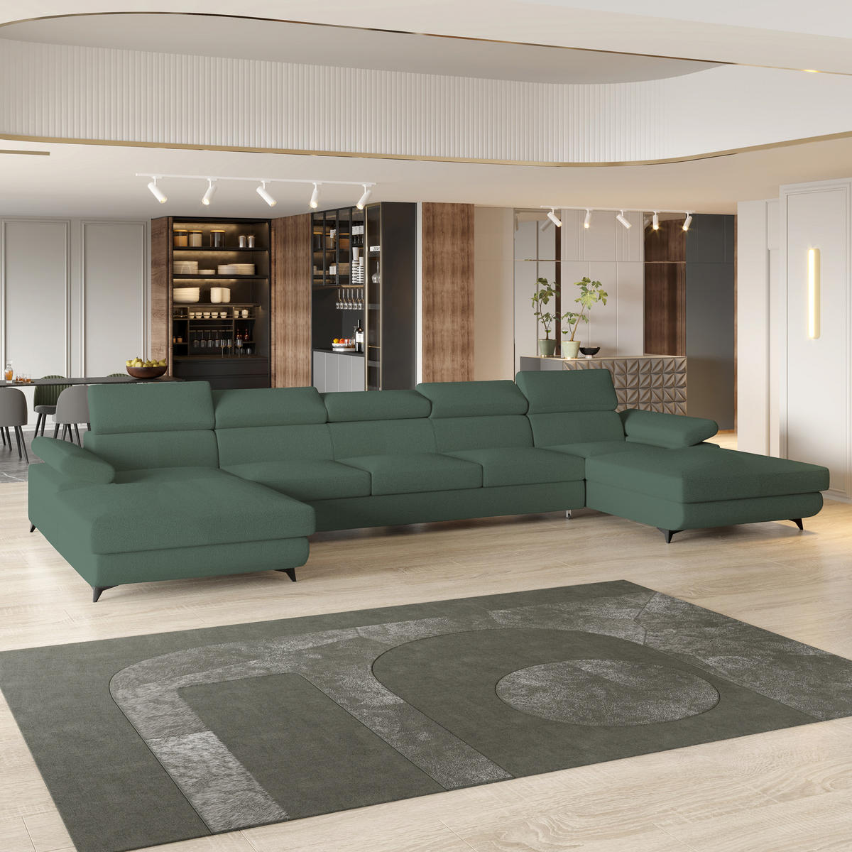 WOHNLANDSCHAFT VIVENTE Grün Boucle-Stoff mit Schlaffunktion - Grün, Holz (410/89/190cm) - MASSENO