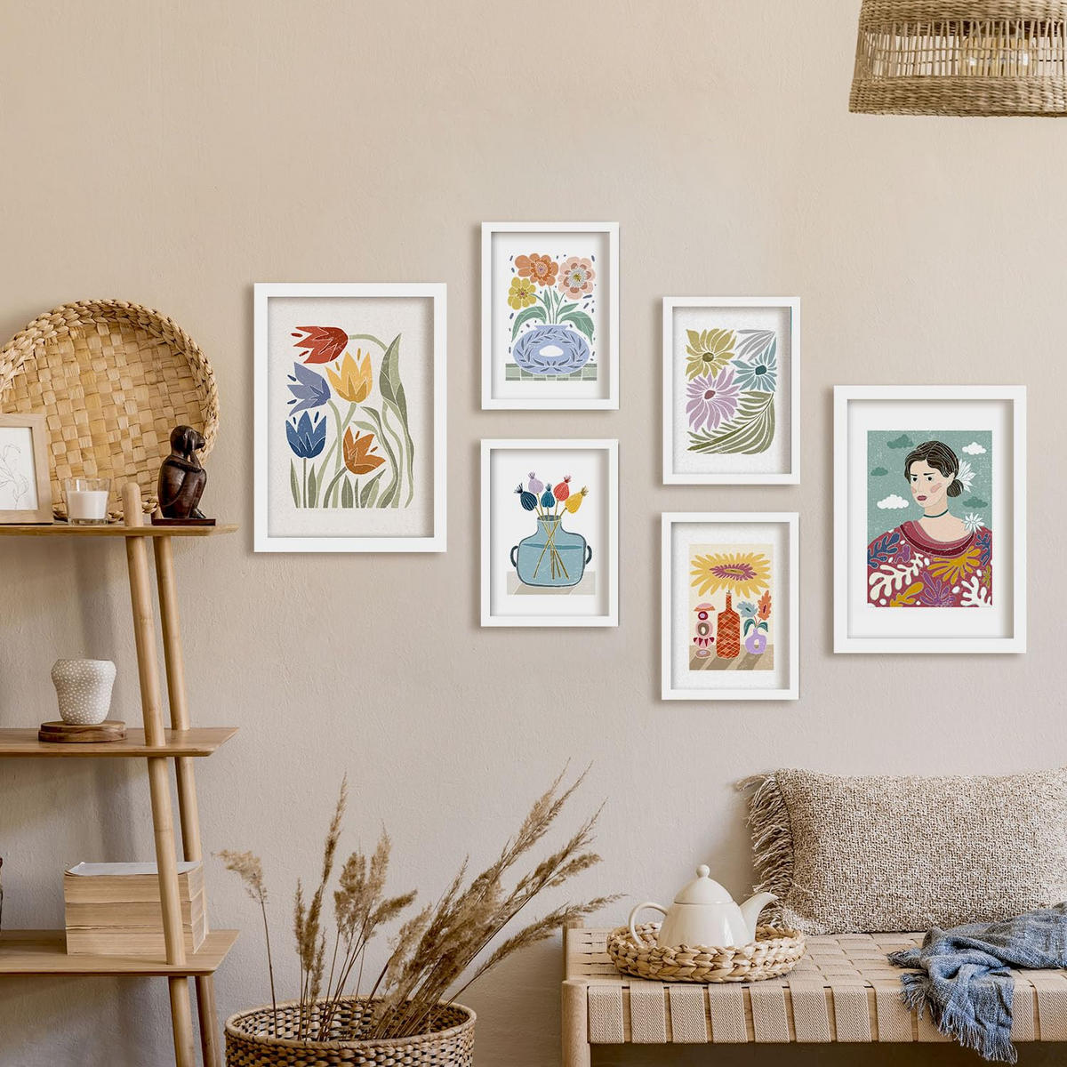 POSTER Set Mit 6 Drucken Garten In Ethnischendruckkollektionen Dekorative Rahmen Für Ihr Wohnzimmer Zuhause Wandkunstdruck A3 & A4 Weißer Rahmen - Weiß, Papier (29/3cm) - Nacnic