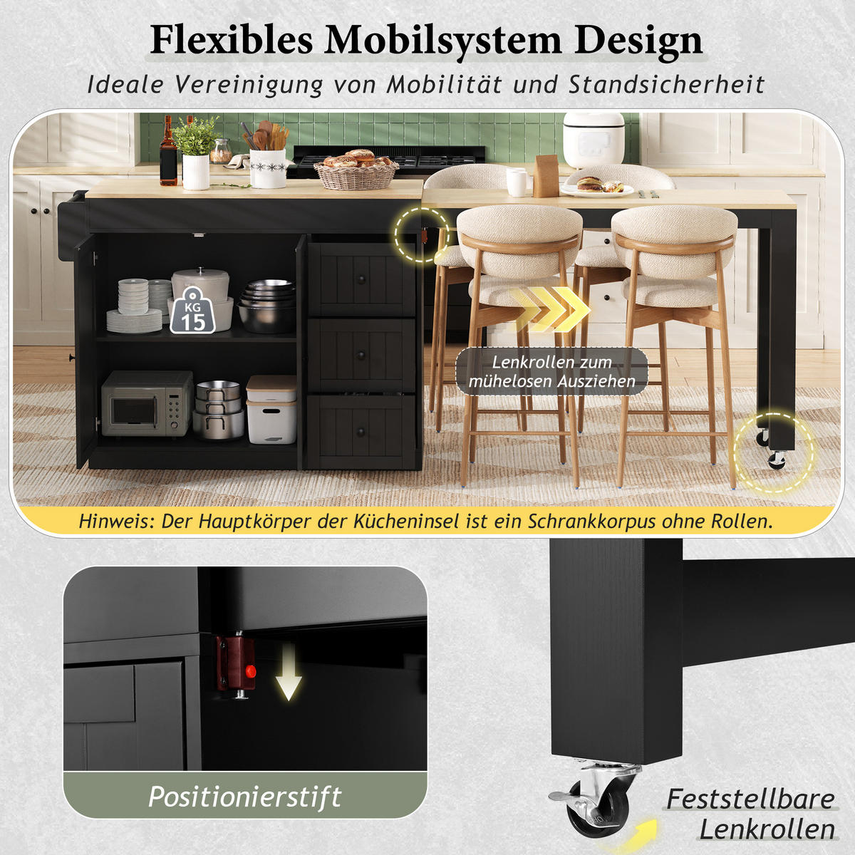 KÜCHENINSEL 112-186,8/45/93 cm aus MDF mit ausziehbarer Arbeitsplatte Schwarz - Schwarz, Holzwerkstoff (130/93/45cm) - Modenvie