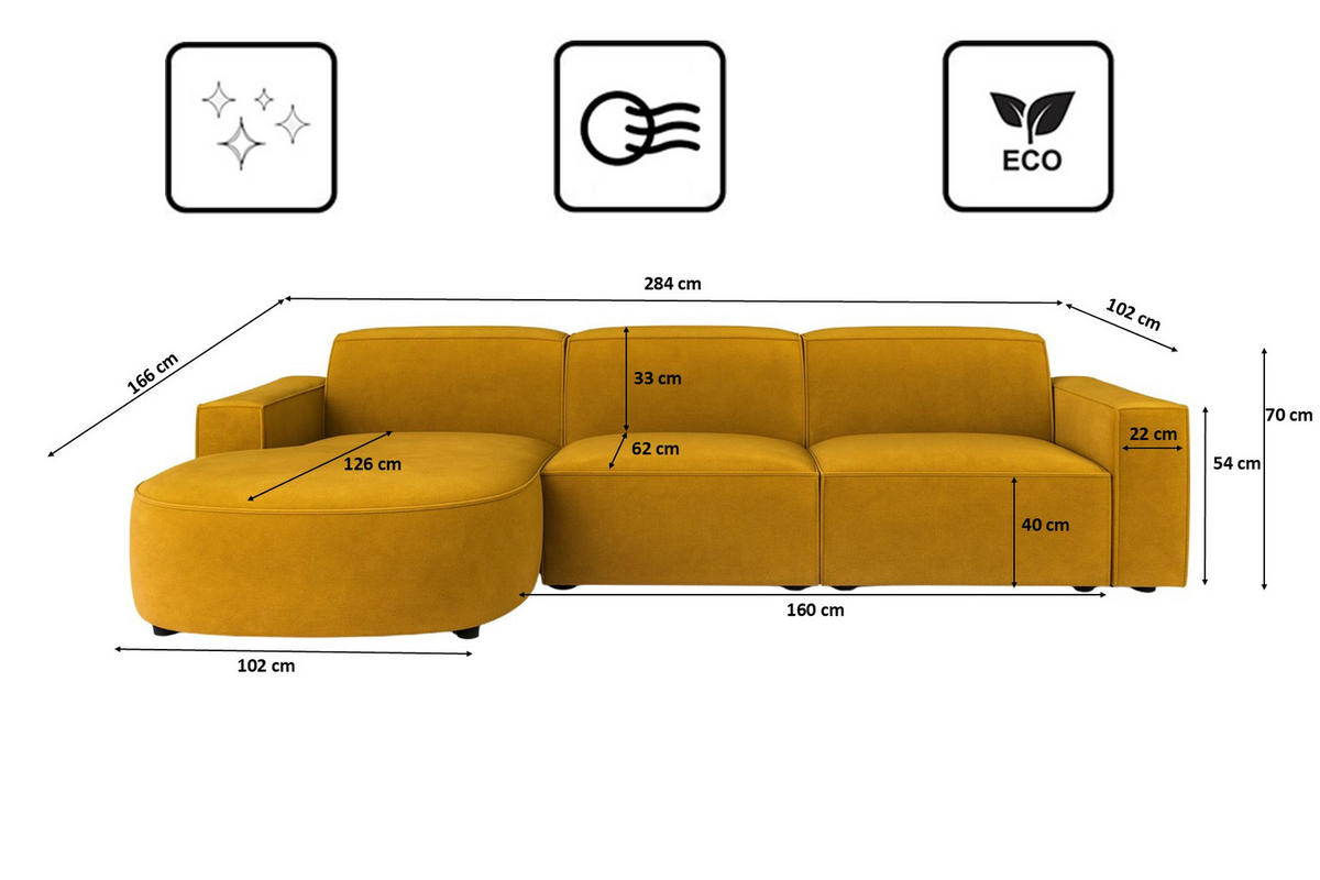 ECKSOFA Cursal Round L-Form, Stoff Salvador, Gelb, Links - Gelb, Holz (284/166cm) - Kaiser Möbel