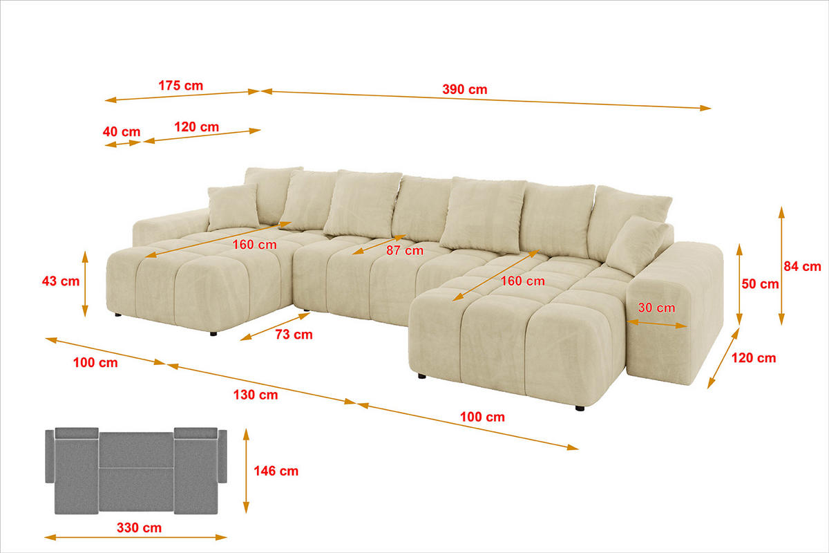 WOHNLANDSCHAFT ENIL-U 390x175x84 Beige Velours - Beige, Holzwerkstoff/Kunststoff (390/84/175cm) - ALTDECOR