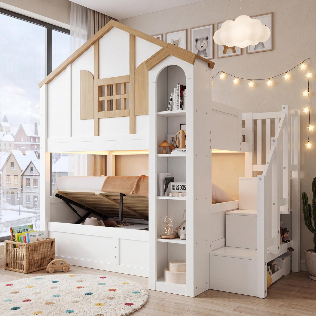 ETAGENBETT Massivholz LED Stauraumtreppe 90x200 Hausbett Weiß - Weiß, Holz - FLIEKS