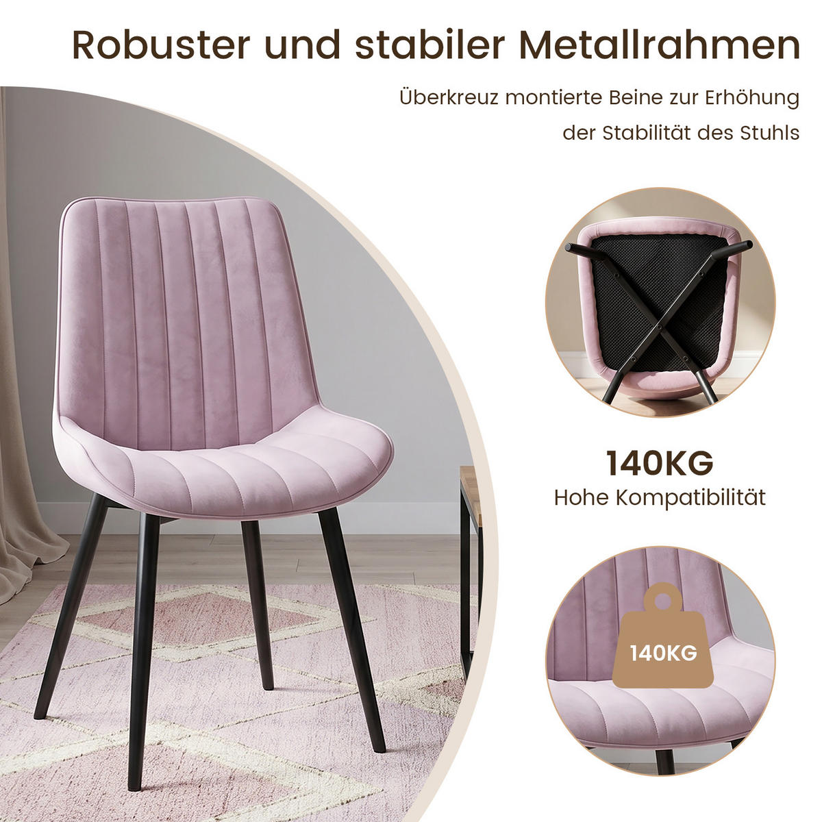 STUHL-SET 6 Stück aus Samt in Modernem Stil-YZ1 - Pink, Textil (53/88/62.5cm) - HOMAVO