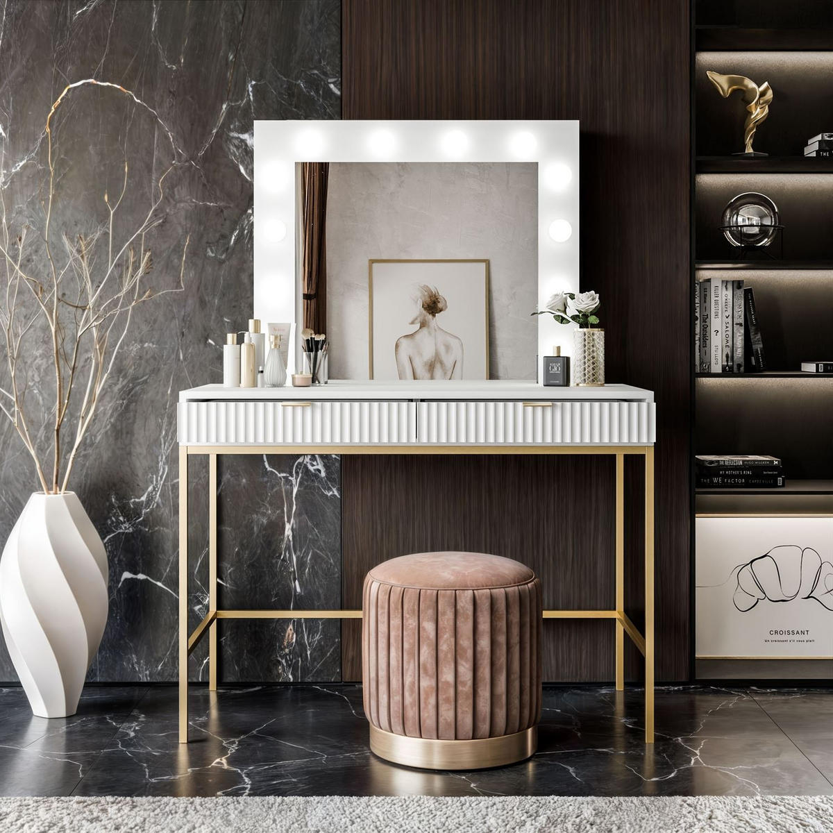 SCHMINKTISCH MIT SPIEGEL CORTADO GOLD T104 WEISS - Weiß, Holzwerkstoff (104/78/50cm) - Lookway