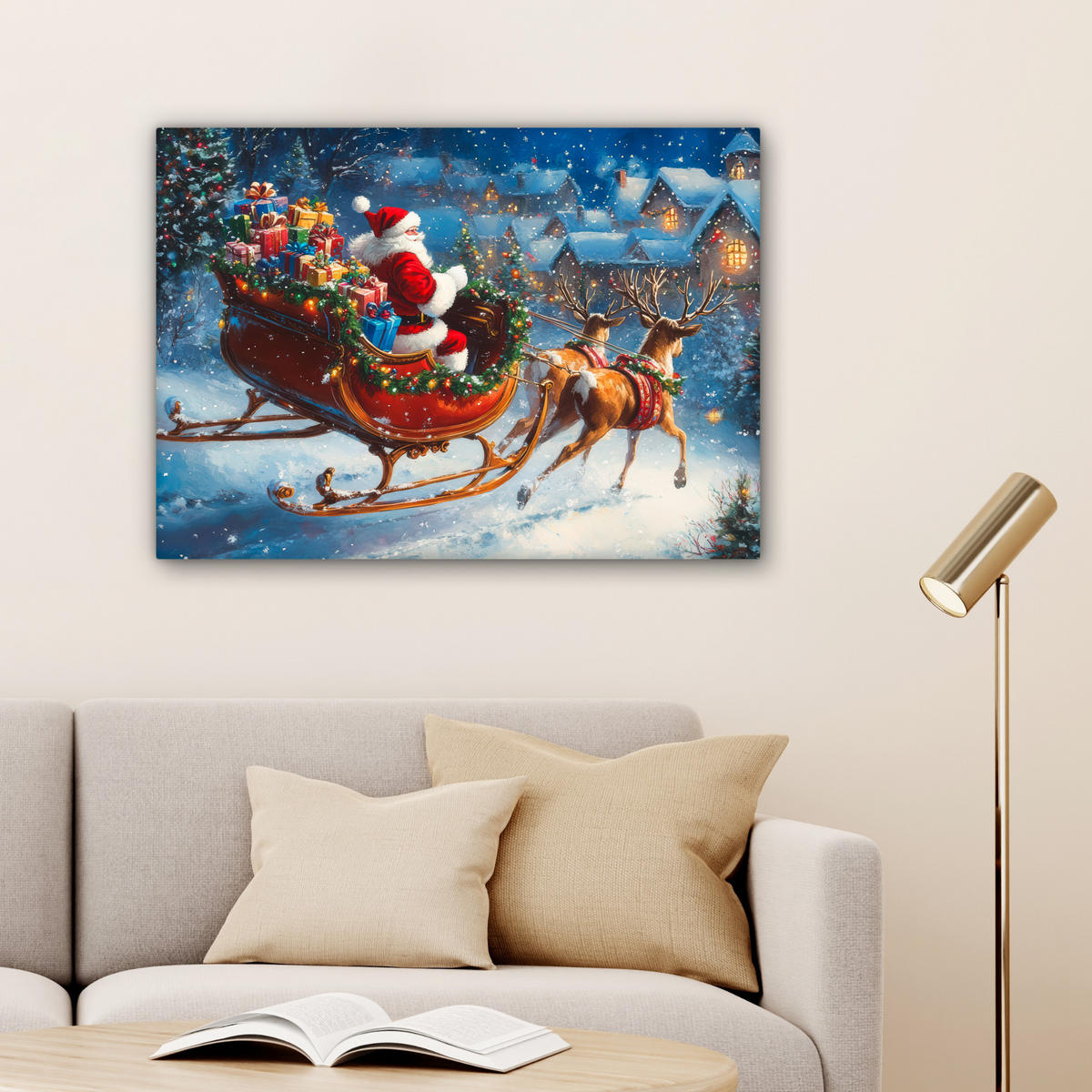 LEINWANDBILD Weihnachtsmann - Rentier - Weihnachten - Schnee Wandbilder 80x60 cm - Cognac, Textil (80/60cm) - MuchoWow