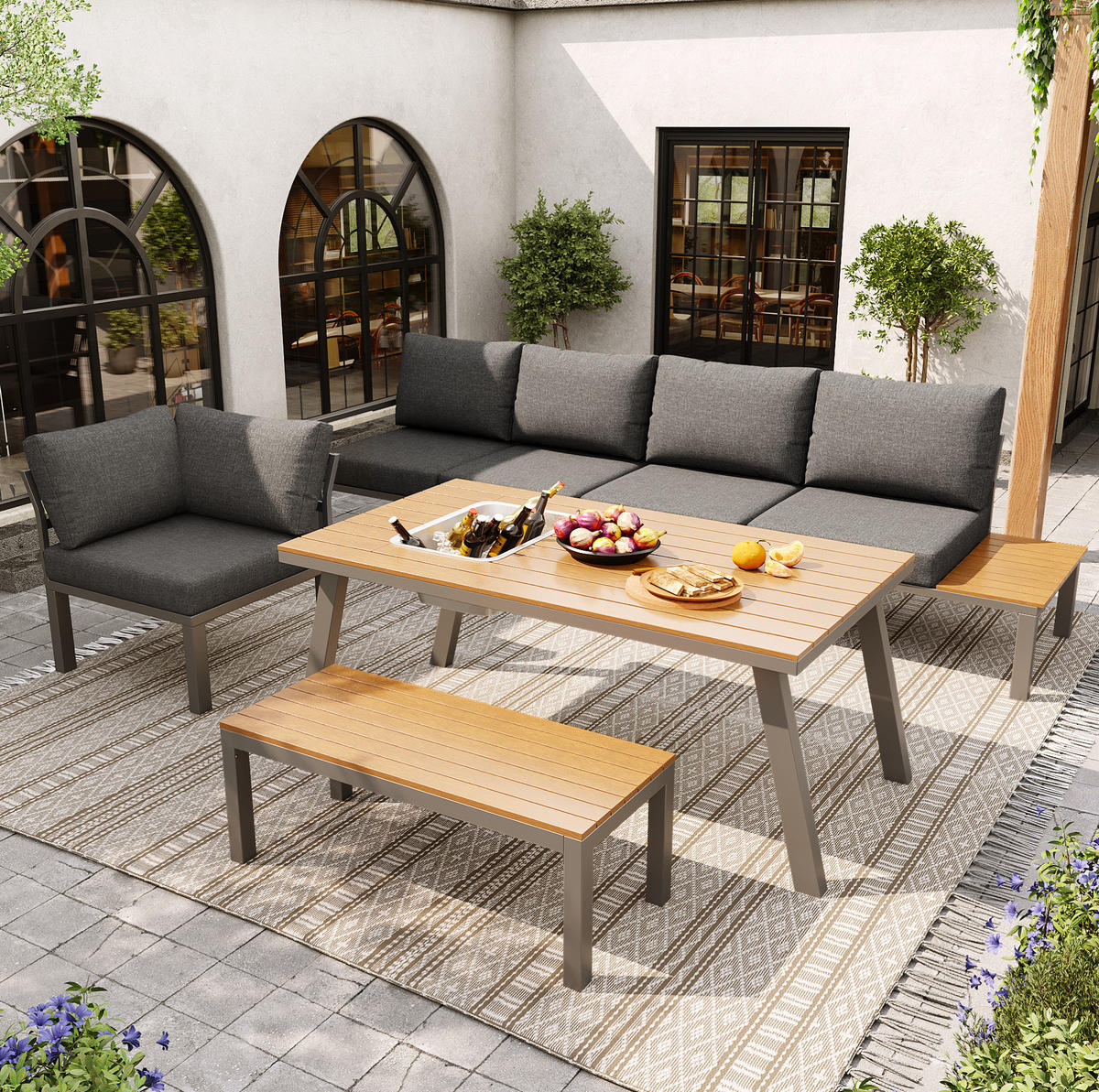 GARTEN-LOUNGE-SET, Metallgestell mit Polstern & Tisch mit Eiskübel, 147/60/65 cm, Grau - Grau, Metall - Redom