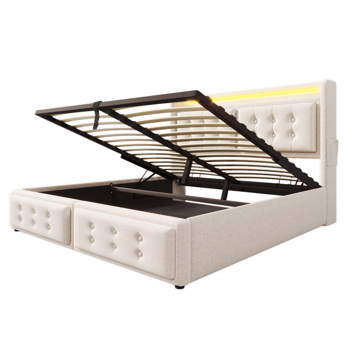 POLSTERBETT aus Baumwolle und Holz 140x200 cm Beige mit LED-Beleuchtung, Ladefunktion und Bettkasten - Beige, Textil (140/200cm) - IVMEU