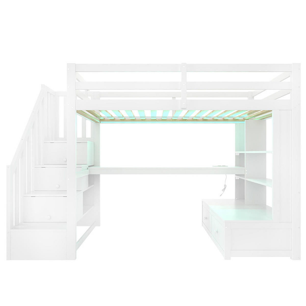 HOCHBETT 90X200 cm mit Schreibtisch und Regalen, zwei integrierten Schubladen, weiß - Weiß, Holz (90/200cm) - KOMHTOM