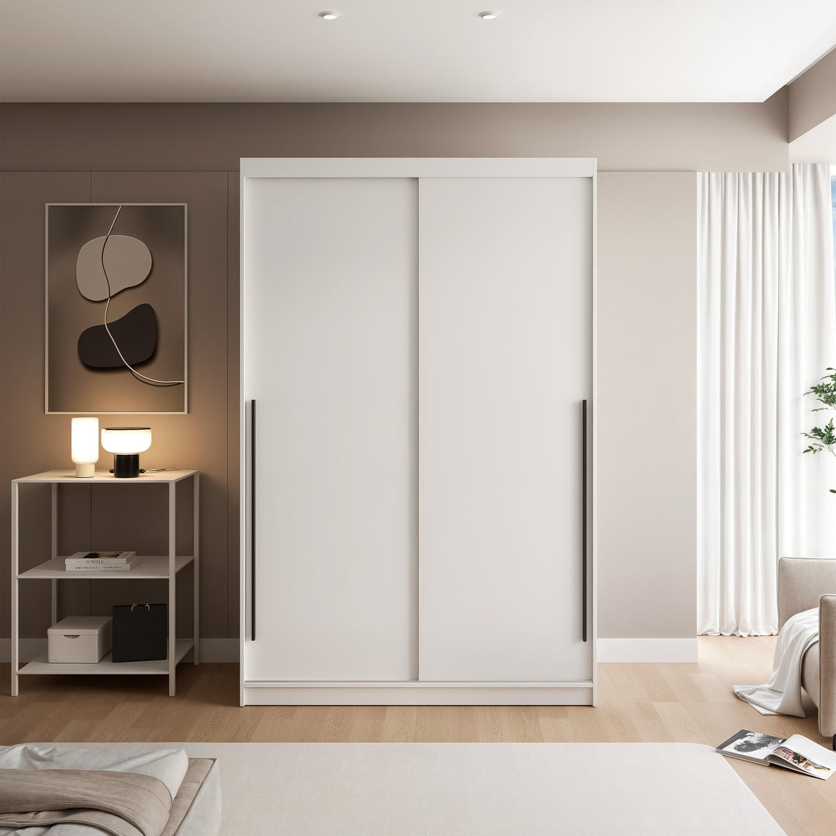 SCHIEBETÜRENSCHRANK SILENTE 140 cm mit Einlegeböden und Kleiderstange - Weiß, Holzwerkstoff (140/205/60cm) - Idohome