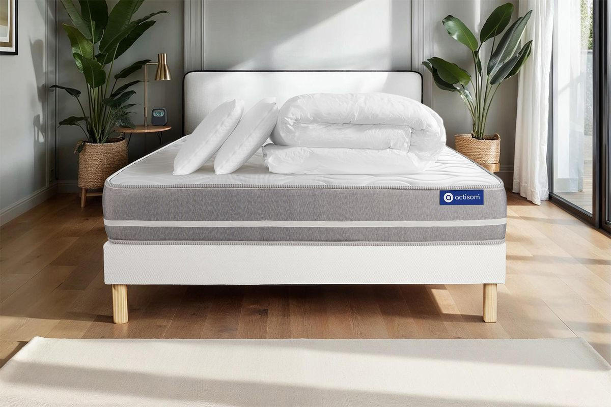BETT Actiflex touch Taschenfederkern 200 x 200 cm h1 - Kit Bettgestell Weiß - Mit Kissen und Bettdecke - Beige/Weiß, Karton/Holz (200/200cm) - ACTISOM