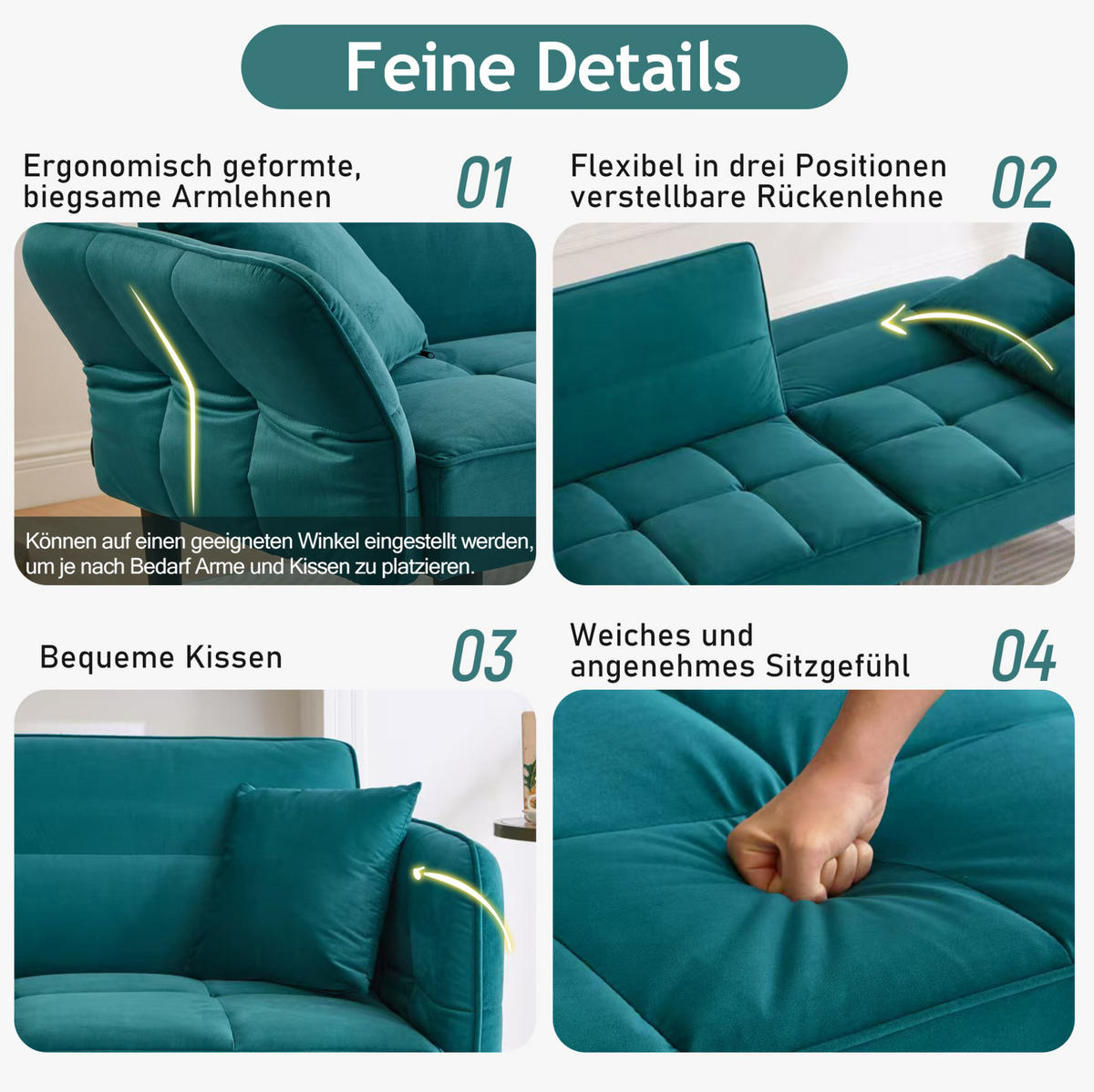 SCHLAFSOFA Samtbezug mit verstellbaren Rückenlehnen und klappbaren Armlehnen Antik Blaugrün 176/78/76 cm - Grün, Textil (78/76/176cm) - Redom