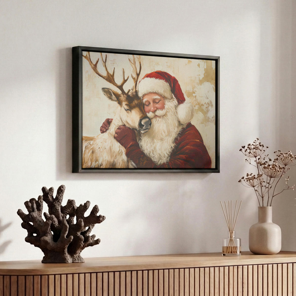 LEINWAND Bilder mit Rahmen - Weihnachtsmann - Rentier - Weihnachten - 30x20 - Rotbraun, Textil (30/20cm) - MuchoWow