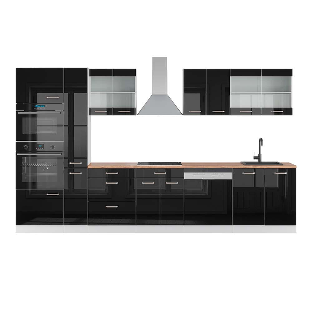 KÜCHENZEILE R-Line Schwarz Hochglanz/Weiß 350 cm mit Hochschrank AP Eiche - Schwarz Hochglanz/Weiß, Holzwerkstoff (350/81.6/60cm) - Vicco