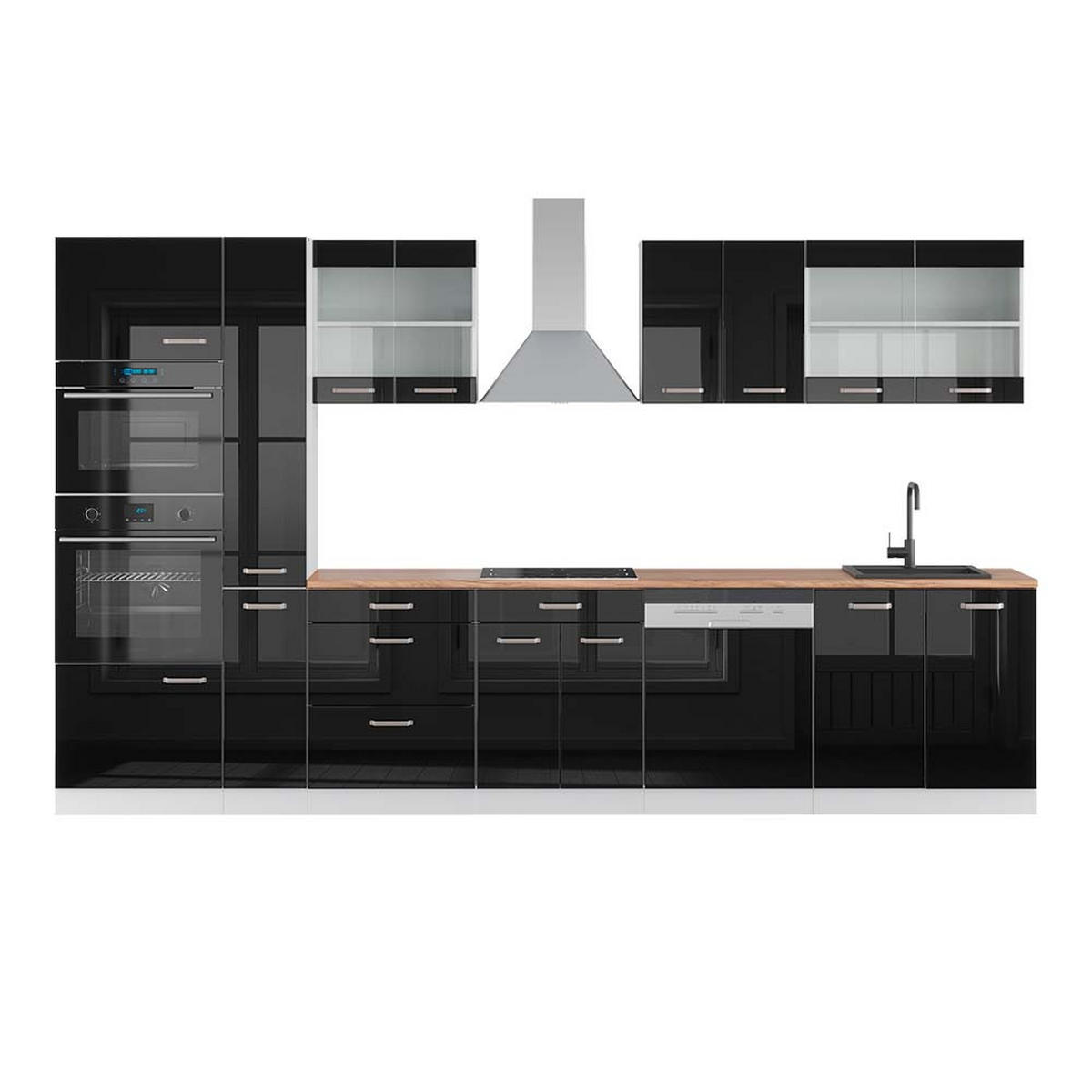 KÜCHENZEILE R-Line Schwarz Hochglanz/Weiß 350 cm mit Hochschrank AP Eiche - Schwarz Hochglanz/Weiß, Holzwerkstoff (350/81.6/60cm) - Vicco