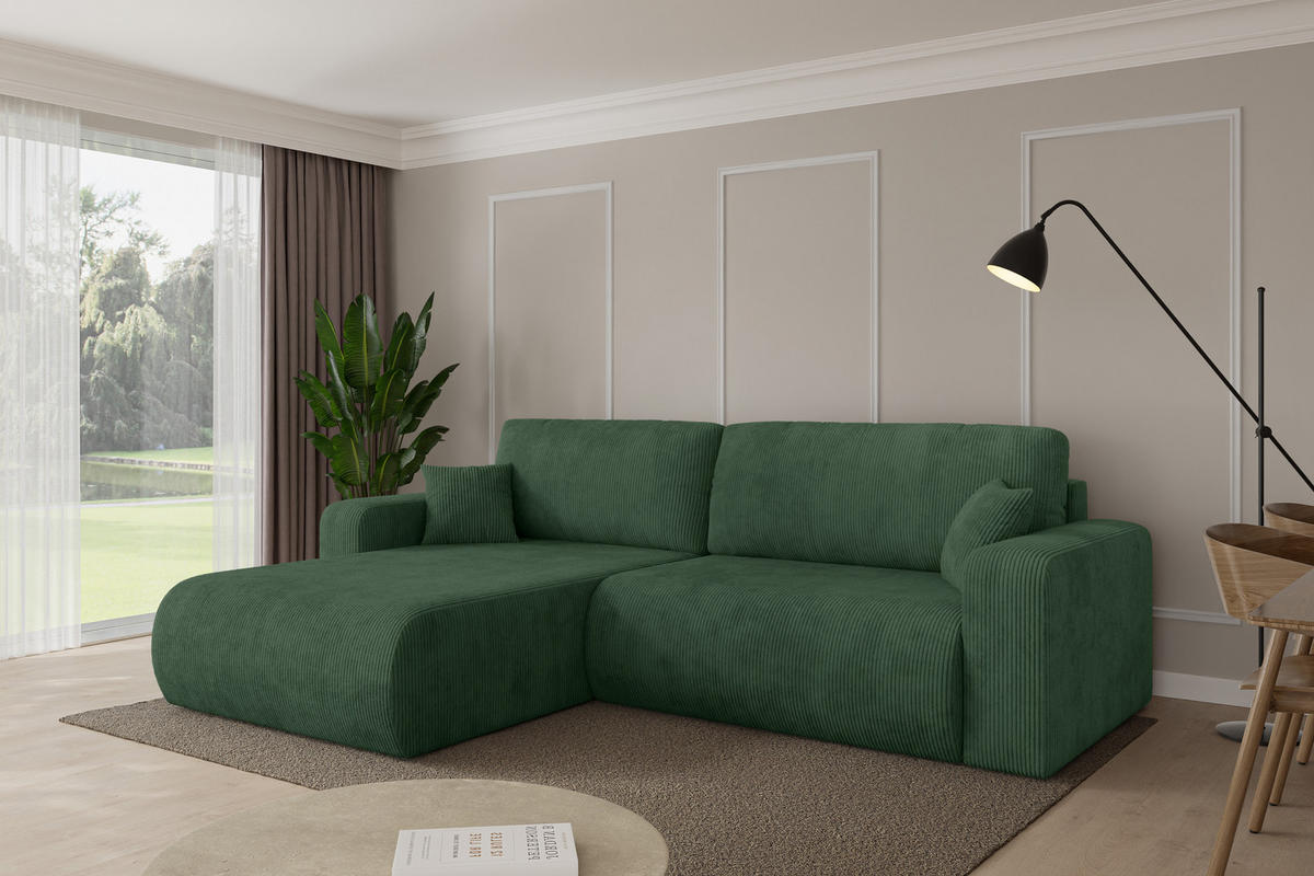 ROHOVÁ SEDAČKA s funkcí spaní, otoman vlevo BERY-L 276x193x88 zelená manšestr - černá/tmavě zelená, kompozitní dřevo/textil (276/193cm) - ALTDECOR
