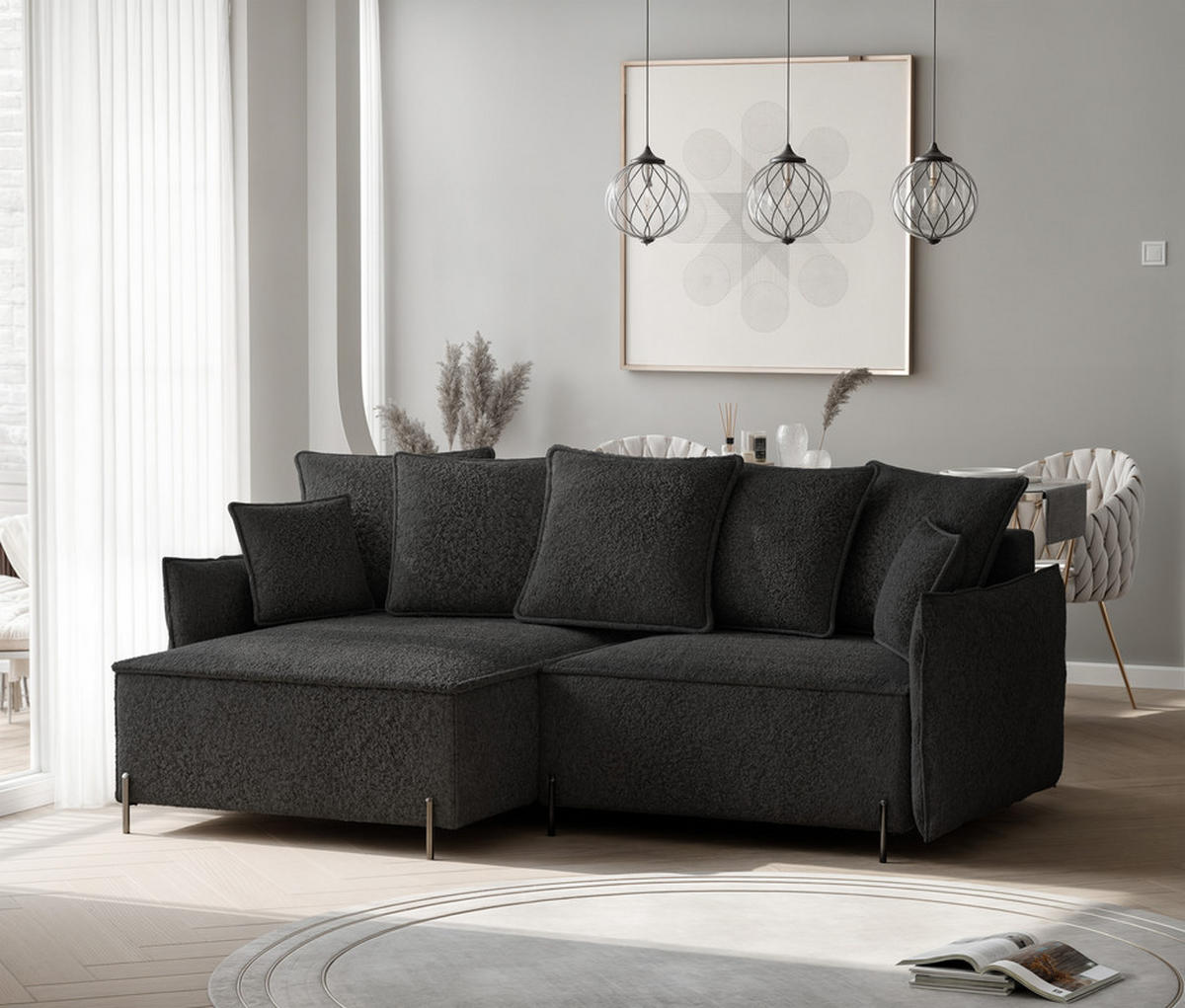 ECKSOFA MARCO Links, mit Schlaffunktion und Bettkasten, Anthrazit - Anthrazit, Textil/Metall (221/148cm) - Idohome