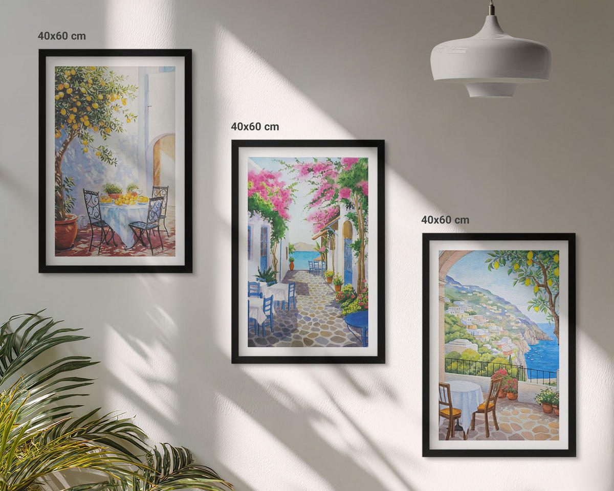 BILDER SET 3er Set - 40x60 cm Schwarzer Rahmen - Charmante Straßen, Pflanzen, Meer - Schwarz, Kunststoff (40/60cm) - TULUP
