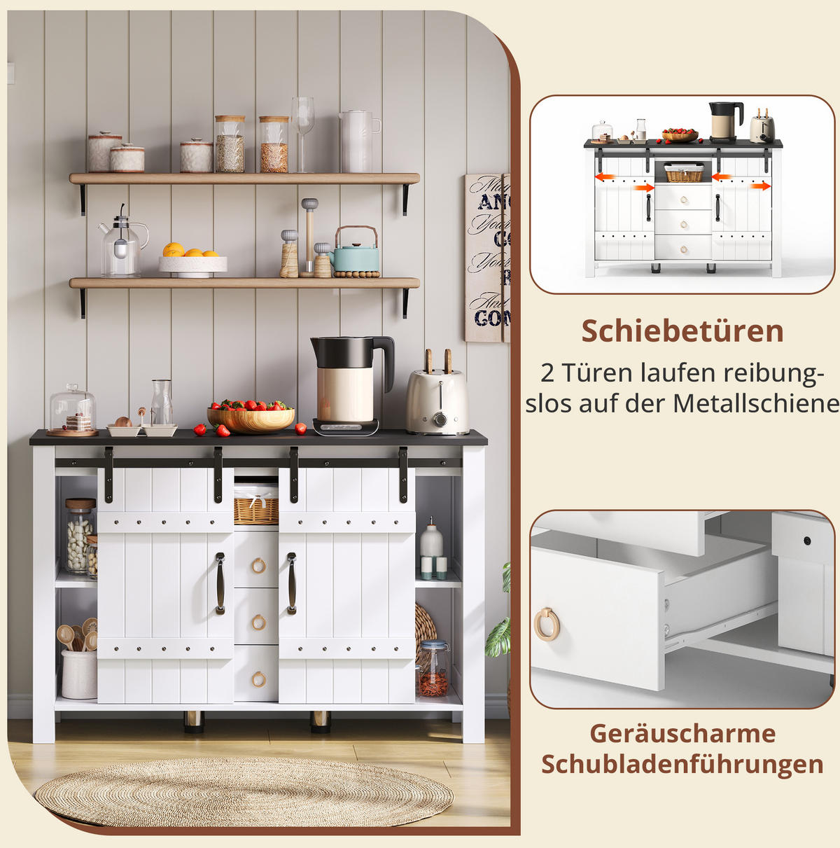 SIDEBOARD aus MDF 120x40x80 cm Weiß mit Schiebetüren und 3 Schubladen im Landhausstil - Weiß, Holzwerkstoff (120/80/40cm) - Modfu