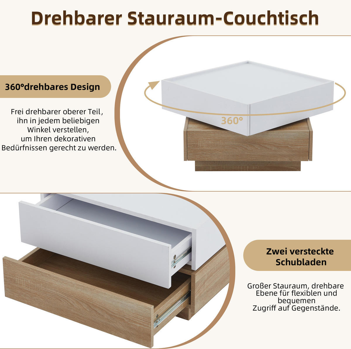 COUCHTISCH aus Spanplatte 60x60x38 cm Weiß/Walnuss mit 360° drehbarer Tischplatte und 2 Schubladen - Weiß, Holzwerkstoff (60/60/38cm) - IVMEU