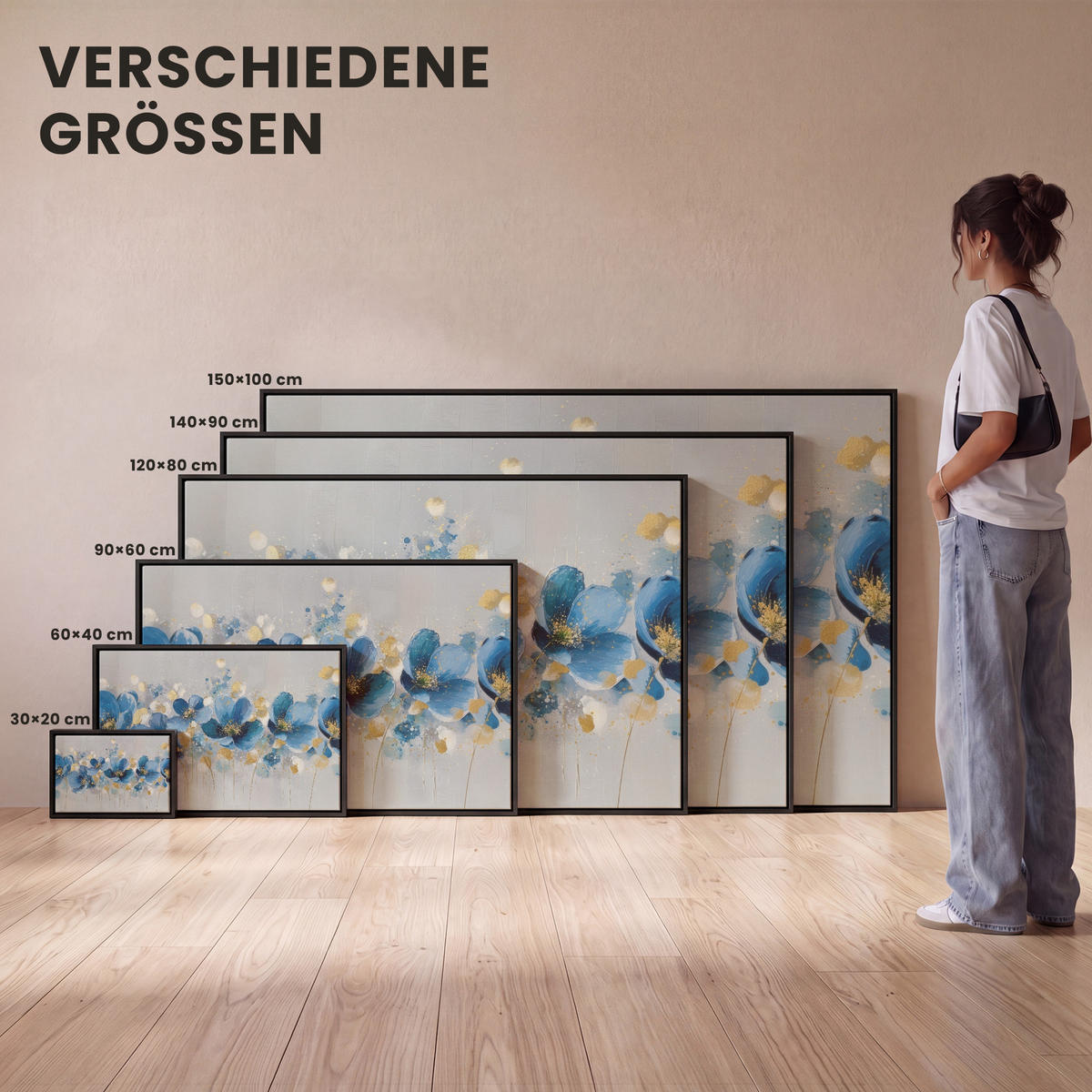 LEINWAND Bilder mit Rahmen - Blumen - Blau - Abstrakt - 150x100 - Hellgrau, Textil (150/100cm) - MuchoWow
