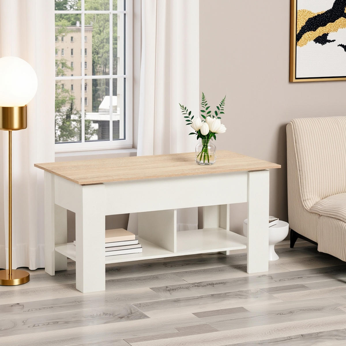 COUCHTISCH mit Lift-Top, Stauraum und Ablagefach, Weiß/Eiche - Weiß, Holz (96/50/47cm) - Urban Meuble