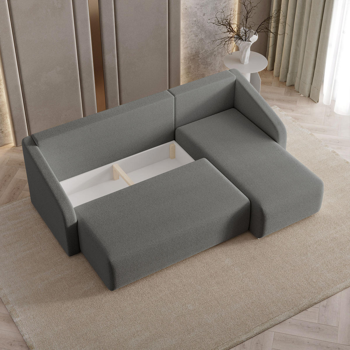 ECKSOFA MARELLO Grau Boucle-Stoff mit Schlaffunktion - Grau, Holz (220/143cm) - MASSENO