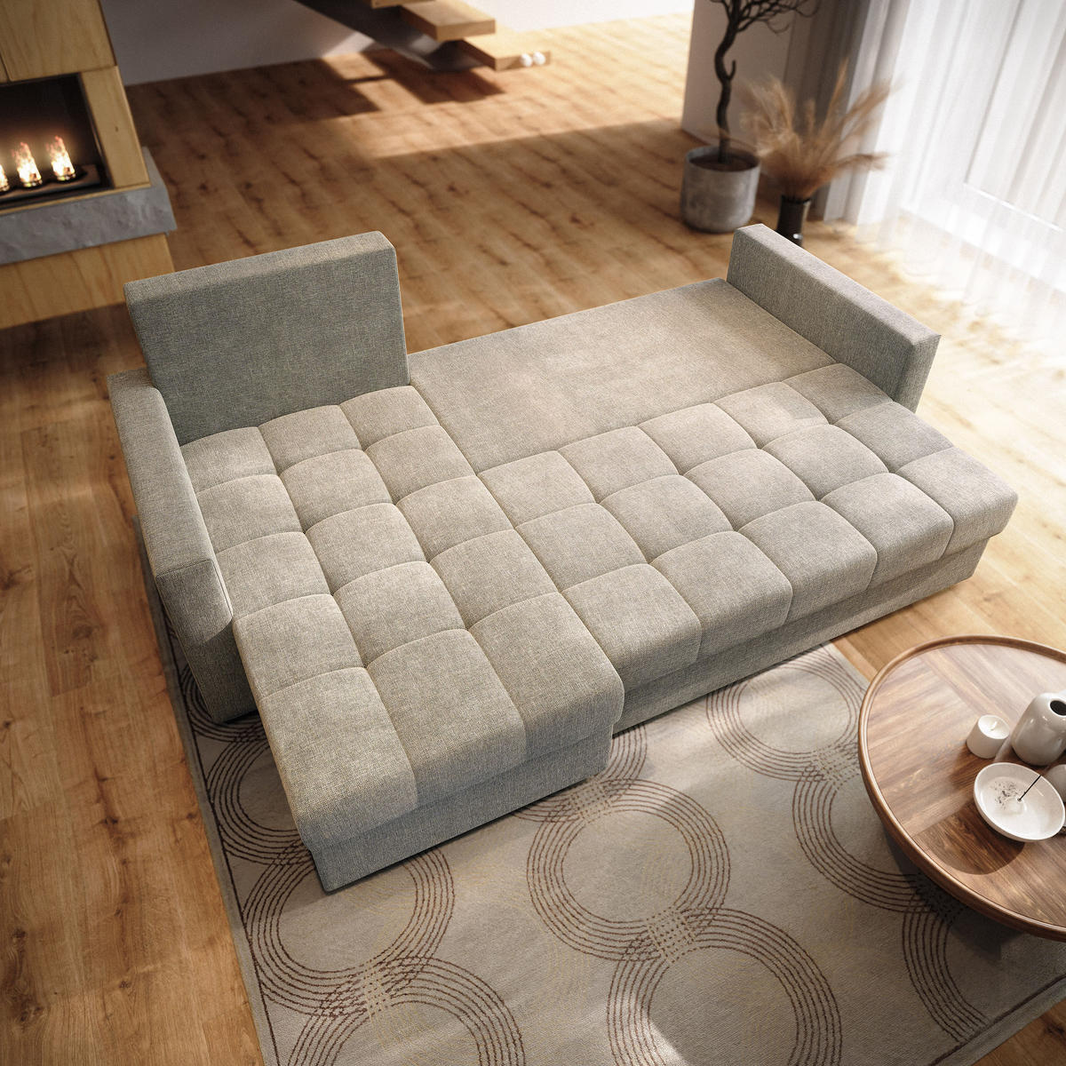 ROHOVÁ SEDAČKA NIDA béžová - šedá/béžová, dřevo/textil (220/143cm) - MASSENO