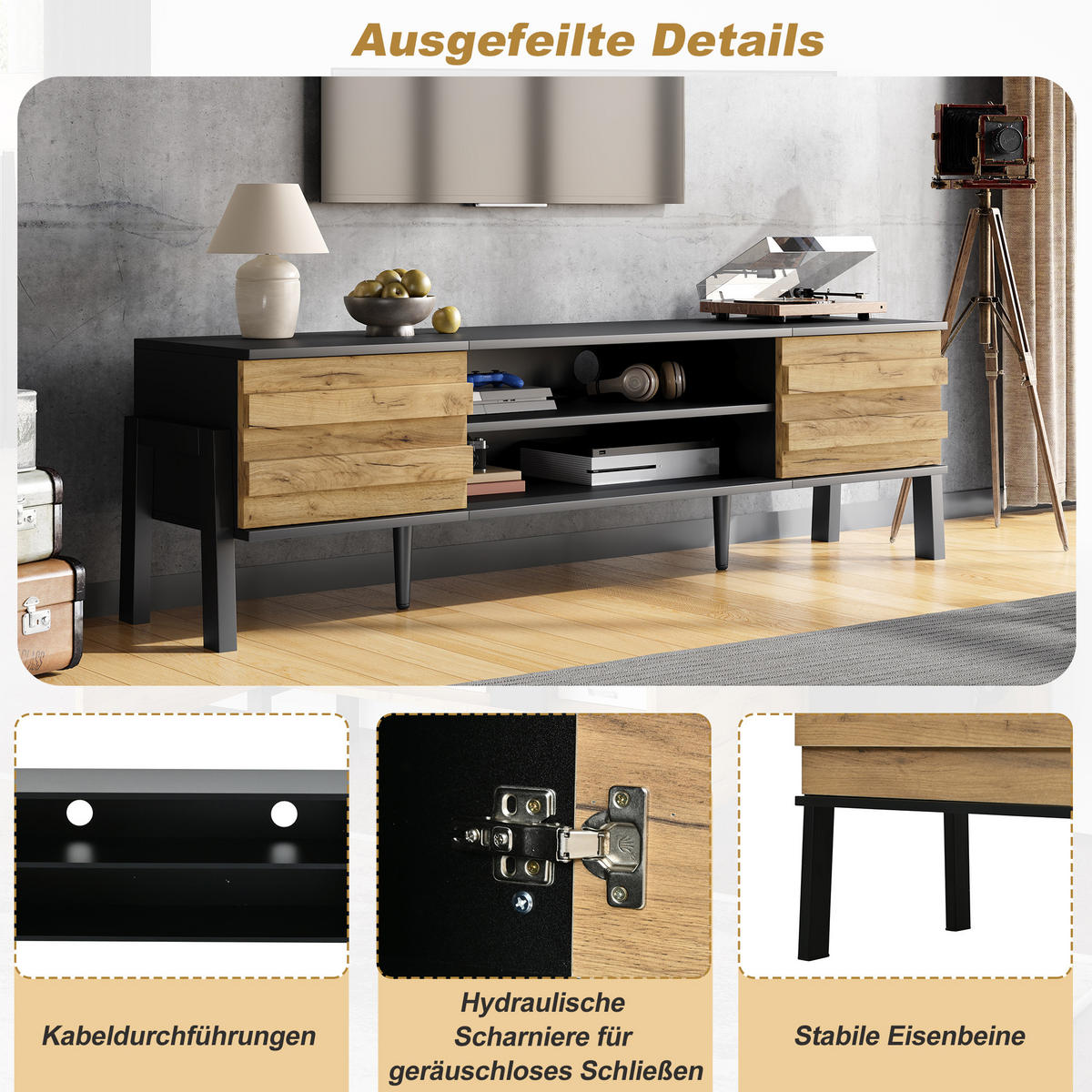 LOWBOARD in Schwarz TV-Schrank mit 2 Schränken und offenem Stauraum,geeignet für Fernseher bis 70 Zoll, B175/T39.5/H53cm - Schwarz/Naturfarben, Holzwerkstoff/Metall (175/53/39.5cm) - STILVORA