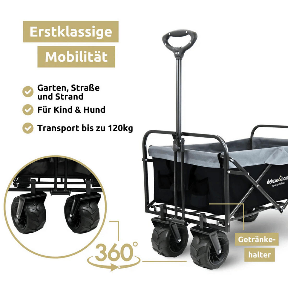 BOLLERWAGEN faltbar CALLI Extra Breite Reifen Schwarz - Schwarz, Metall (100/100/60cm) - DELUKE