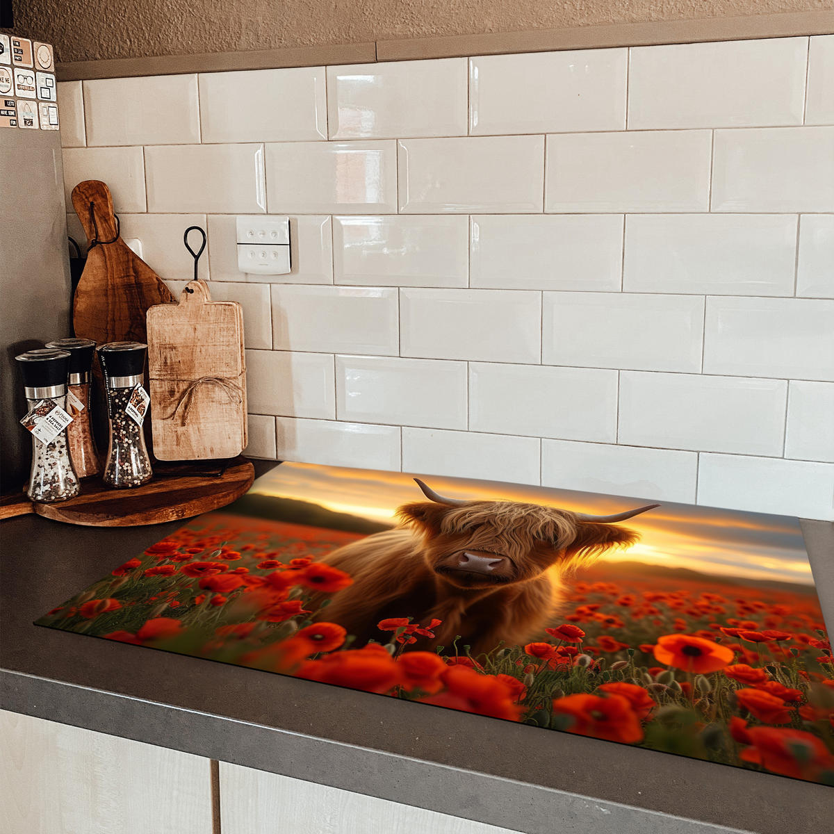 HERDABDECKPLATTE Schottische Highlander - Rosen - Blumenfeld - Sonnenuntergang Ceranfeldabdeckung 80x52 cm - Rotbraun, Kunststoff (80/52/0.2cm) - MuchoWow