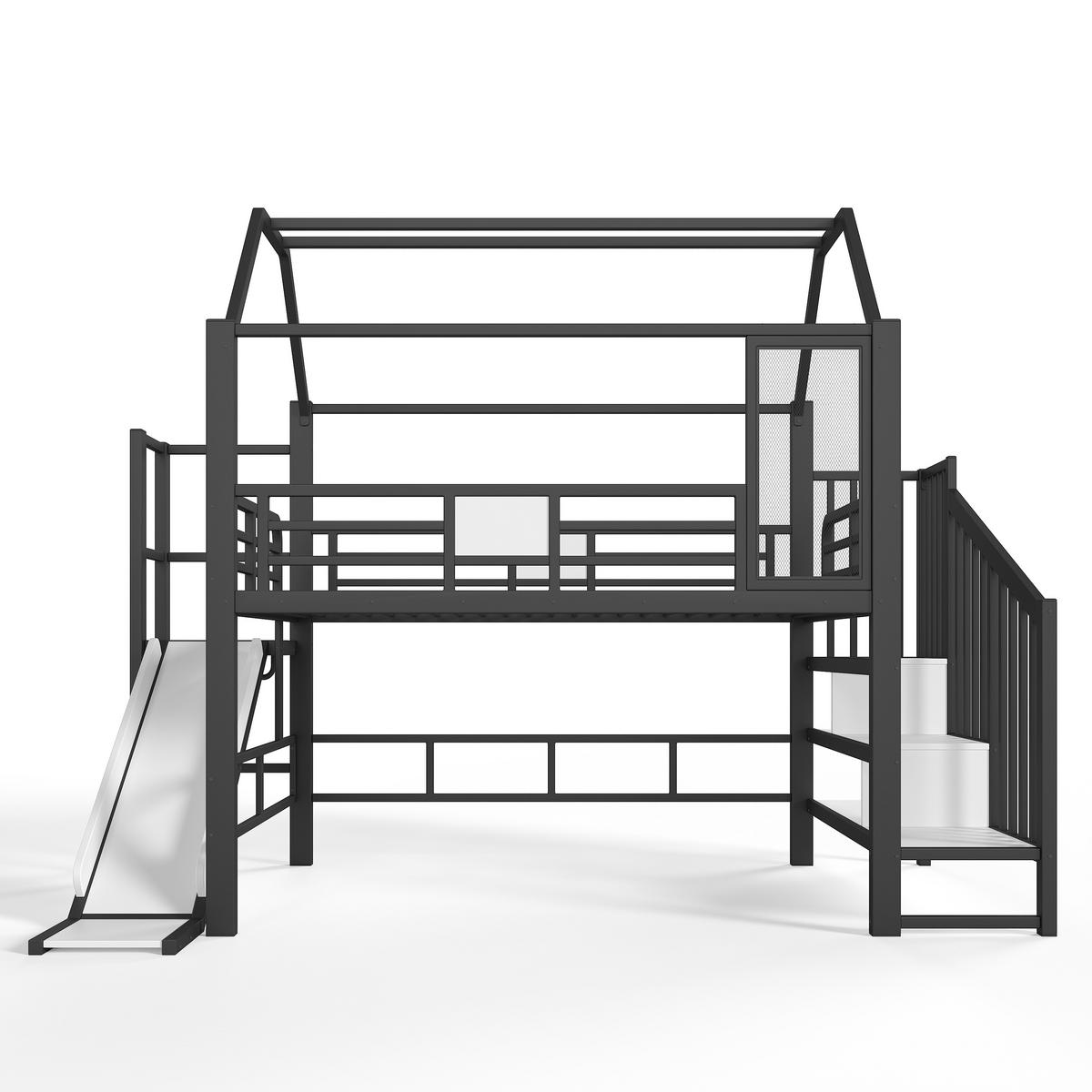 HOCHBETT 140/200cm mit Rutsche, LED/Treppe, Metall, Schwarz - Schwarz, Metall (140/200cm) - LVHOM