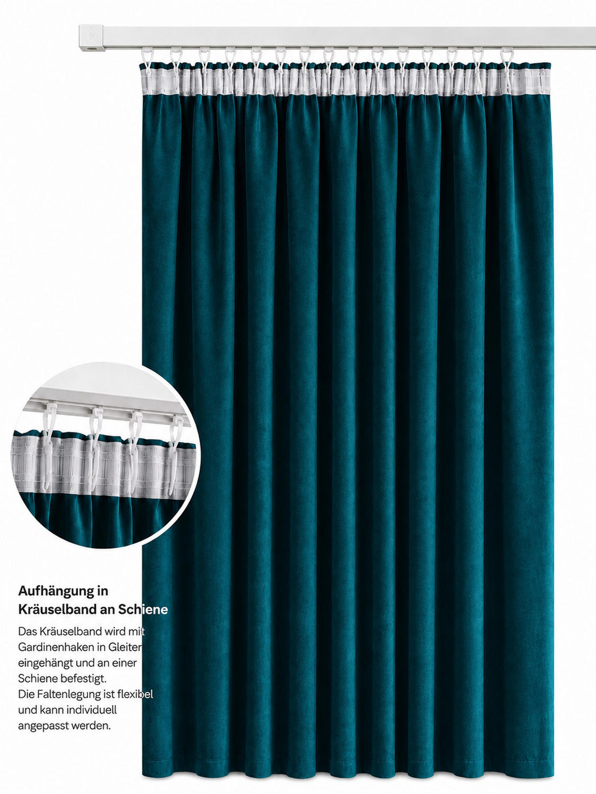 VORHANG Kräuselband Samt 140/145 cm petrol - Petrol, Textil (140/145cm) - TiborTex